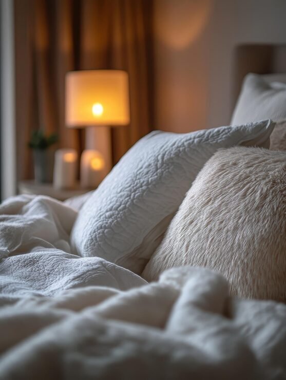 Cama de lujo con almohadas y ropa de cama en tonos claros