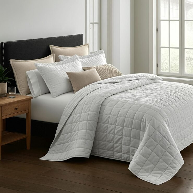 Ropa de cama en tonos claros y almohadas cuidadosamente acomodadas