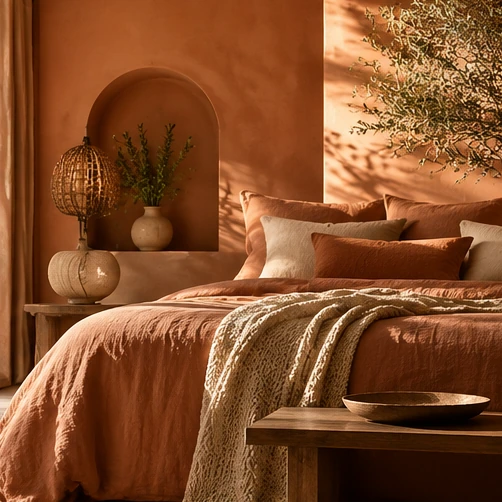 Dormitorio elegante en tonos cálidos